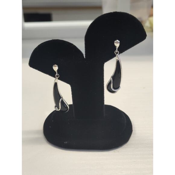 Vintage Teardrop Black Onyx Sterling Silver 925 Drop Earrings 1.25" - Picture 2 of 4